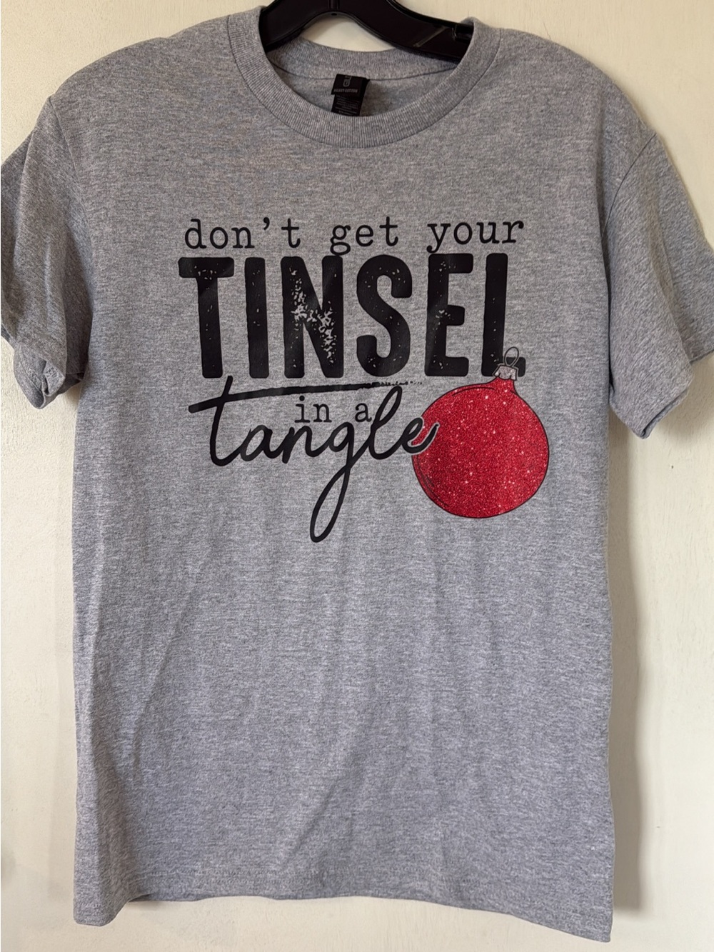 Don't Get Your Tinsel In a Tangle Graphic Tee - Gray with Red Ornament